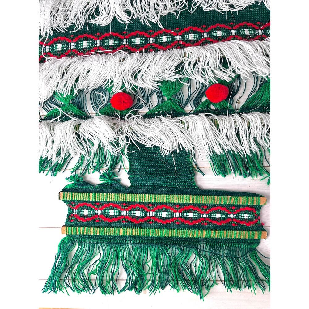Vintage 1970s Textile Fiber Christmas Tree Wall Hanging Fringe Tinsel Pom Poms - Picture 5 of 9